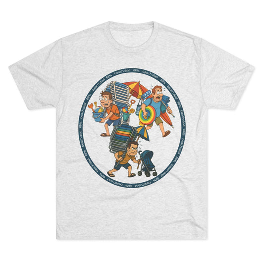 Cartoon dad overloaded with beach gear in three chaotic poses, “Beach Dad 66%” design on bright blue tri-blend tee – funny parenting shirt by 66 Percent
