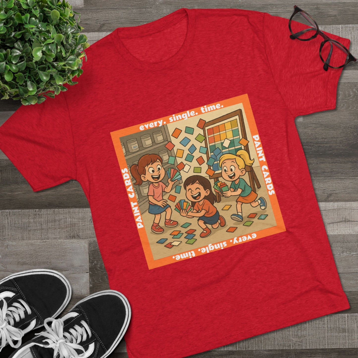 Paint Cards Every Single Time 66% Tri-Blend Tee — graphic t-shirt, flat-lay with cartoon kids and paint swatches, orange bordered square design, casual unisex style