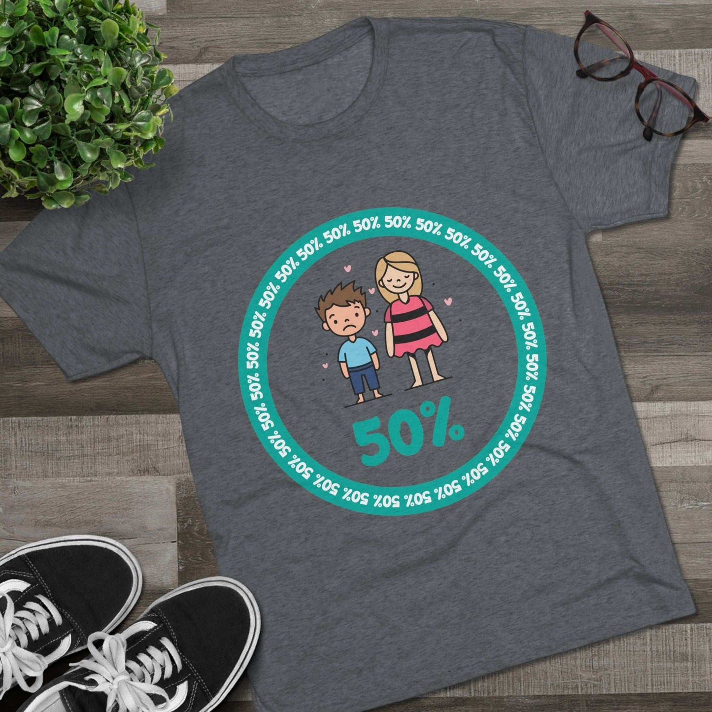 Original Boy Girl 50% Tri-Blend Tee — graphic t-shirt flat-lay, cartoon siblings inside teal 50% circle, repeating 50% pattern, bold 50% text, casual unisex style.