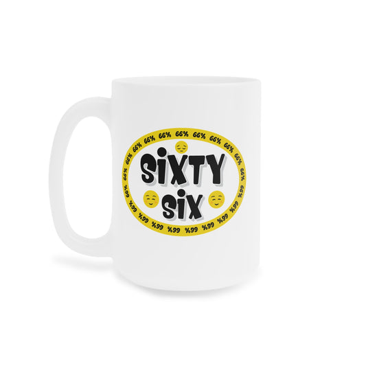 Graphic mug showing ‘Sixty Six’ in bold black type surrounded by a yellow border of small ‘66%’ repeats, with 2 cheerful emoji faces and 1 sad face.