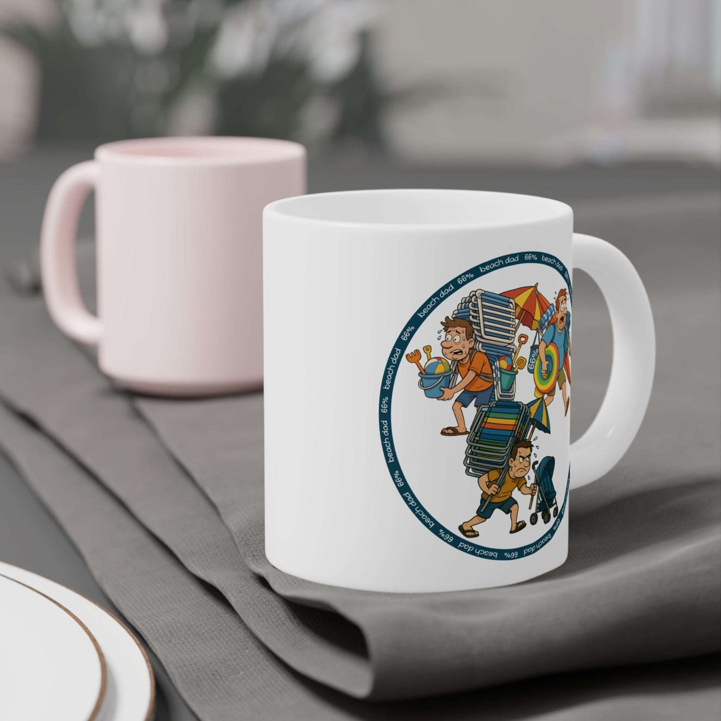 White 66% Beach Dad mug showcasing three overburdened cartoon dads hauling beach chairs, umbrellas, buckets and rings—a fun gift for fathers.