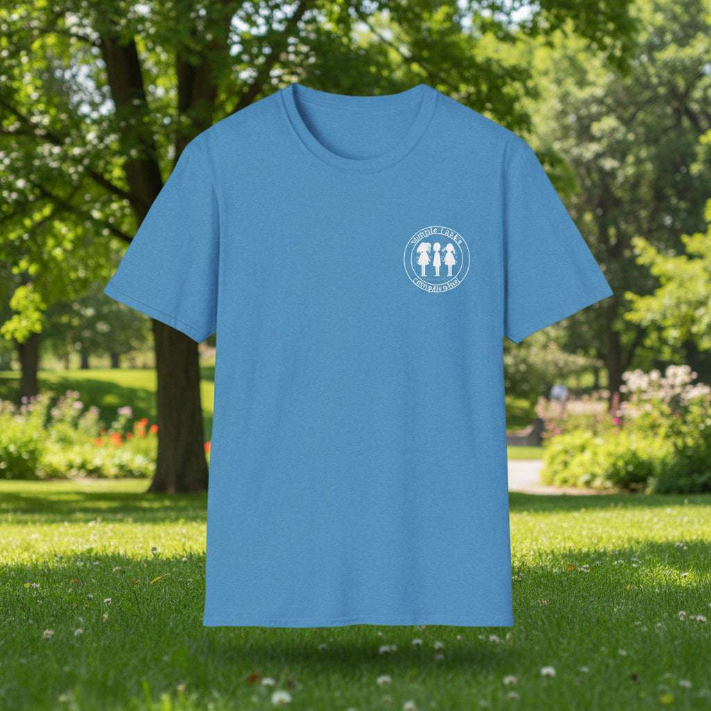 Blue t-shirt with a logo on the chest against a white background