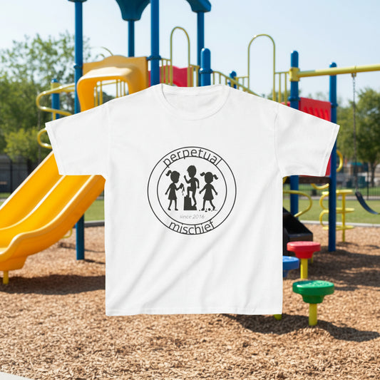 White t-shirt with a black logo and text on a white background