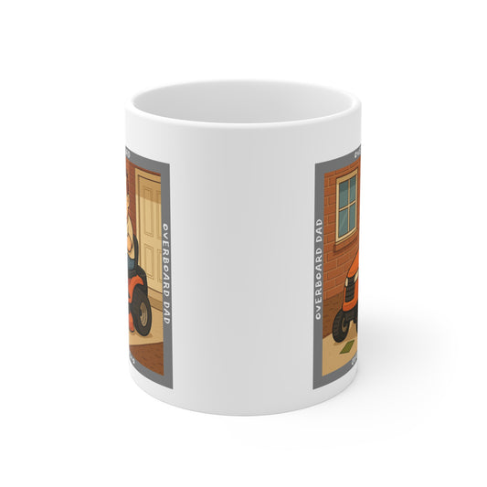 Graphic mug depicting a happy dad mowing the lawn on a ride-on tractor beside a brick wall and front door, encircled by the phrase ‘Overboard Dad’ in a repeating border.