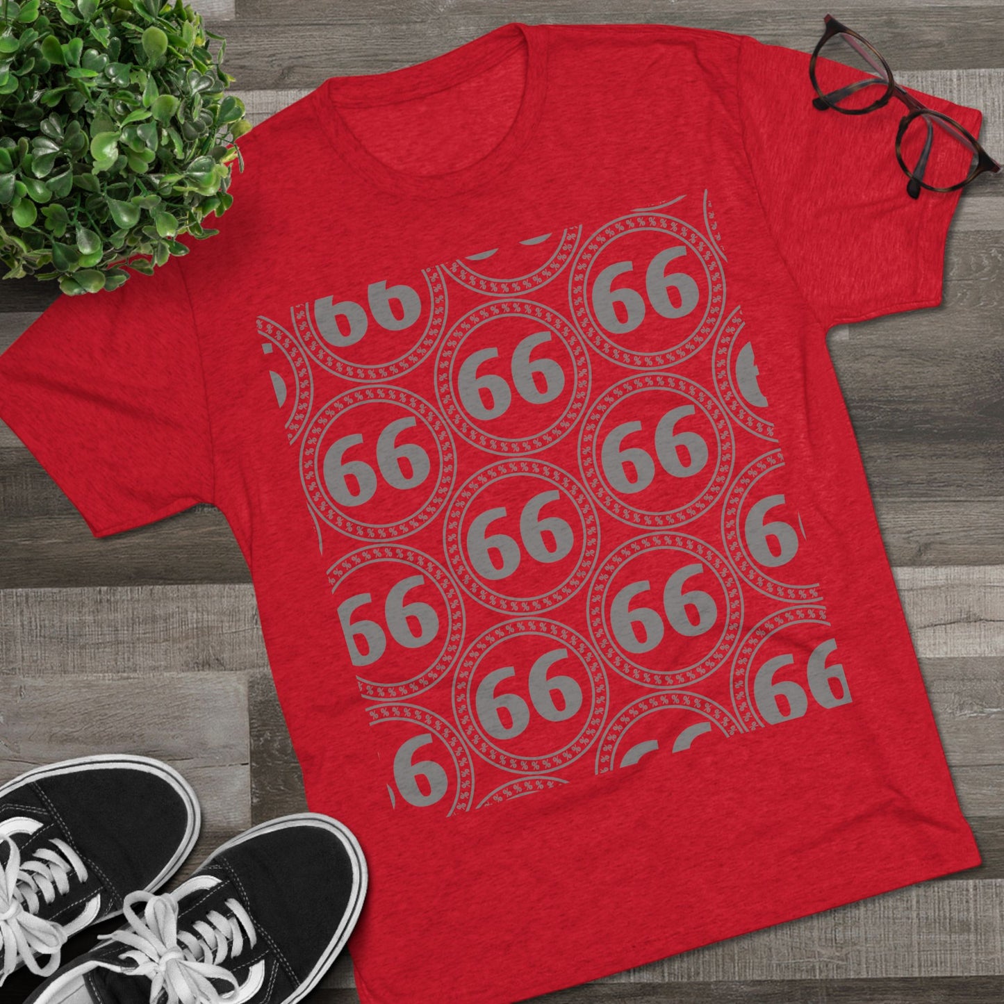 Retro 66% Pattern Tee— tri-blend graphic t-shirt flat-lay, repeating 66 circle pattern, casual vintage style.