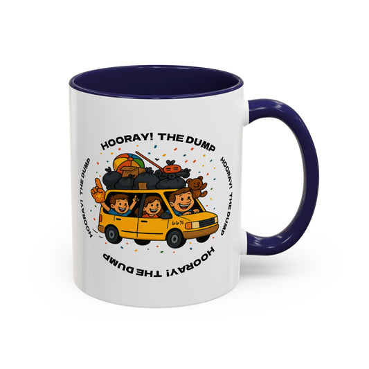 Cartoon yellow “66%” minivan mug decal with roof piled high in trash bags, lawnmower and beach ball, plus a smiling dad and two waving daughters amid confetti.