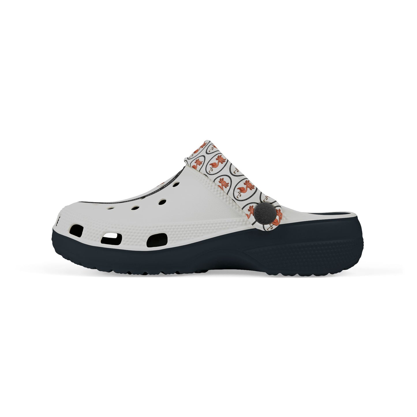 White rubber clogs worn with white-and-black striped socks, each shoe decorated with a round logo depicting a happy orange axolingo and the word ‘AXOLINGO’ repeated around the edge