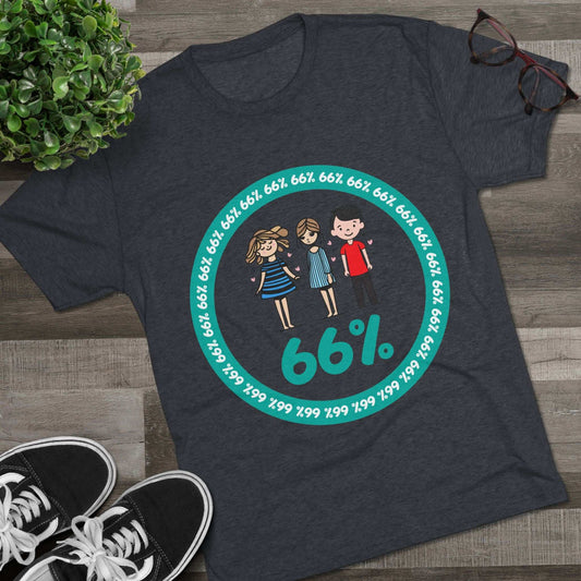 Flat-lay of tri-blend tee with two cartoon girls and one boy inside a teal 66% circle and repeating 66% border