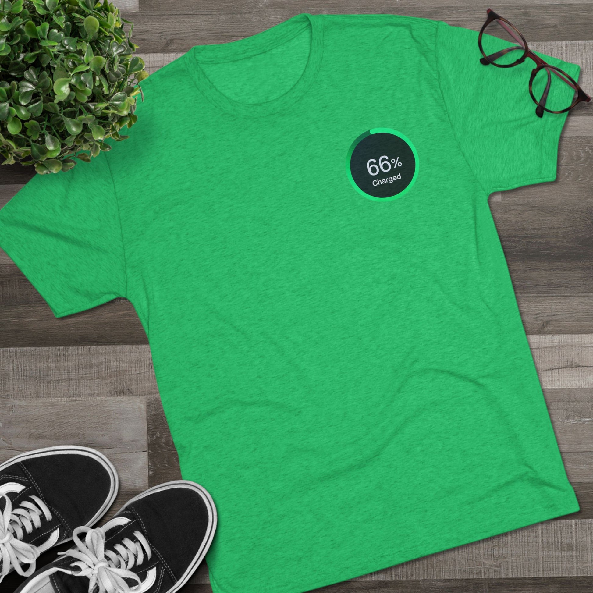 Retro 66% Charged Tri-Blend Tee, showing a vibrant green circular battery gauge reading “66% Charged” 