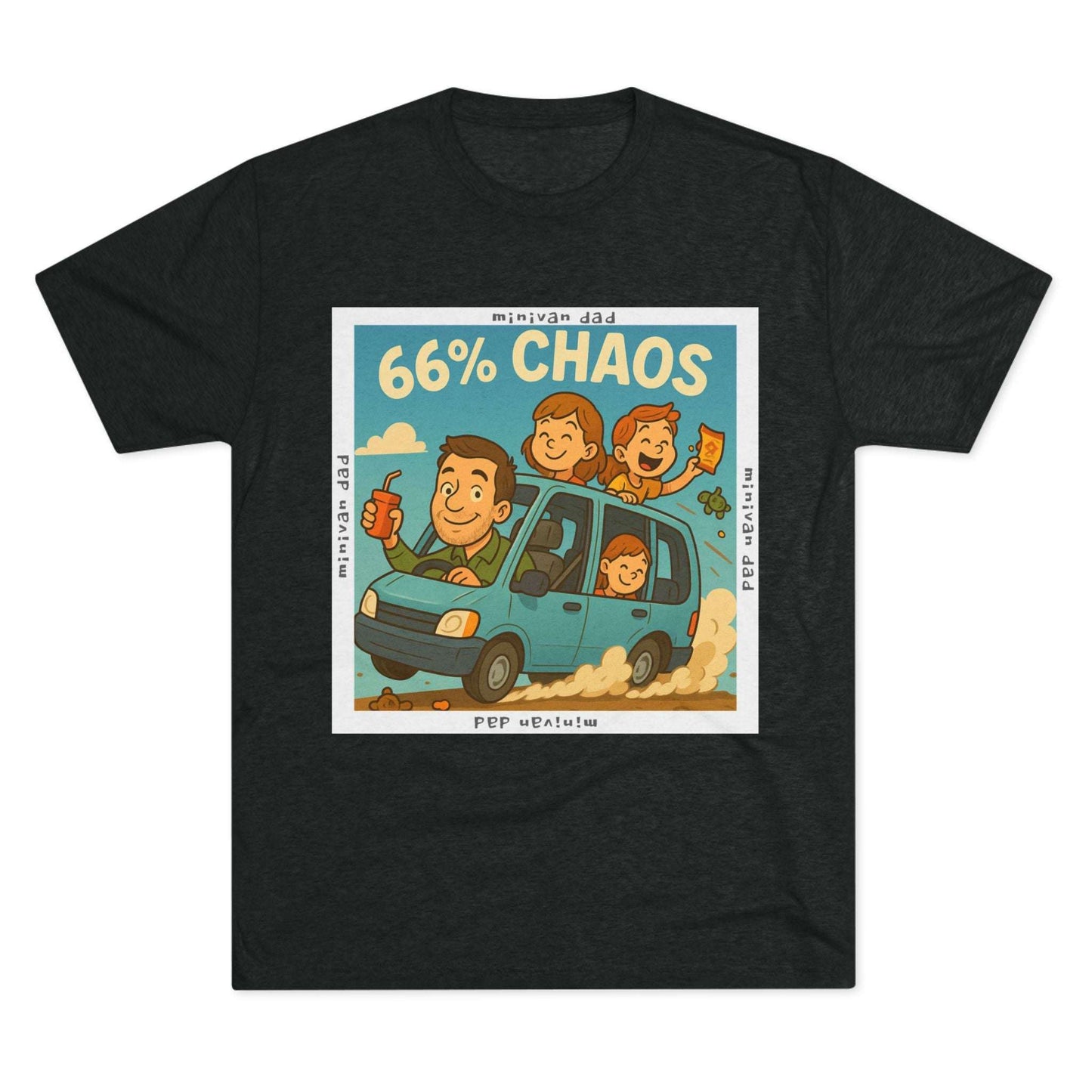 Cartoon dad driving minivan with three excited kids and snacks flying, “66% Chaos” design on dark heather tee – 66 Percent parenting apparel