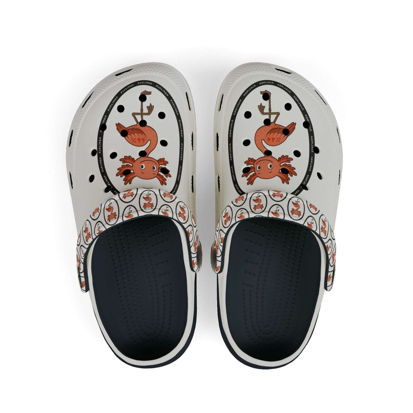 White rubber clogs worn with white-and-black striped socks, each shoe decorated with a round logo depicting a happy orange axolingo and the word ‘AXOLINGO’ repeated around the edge