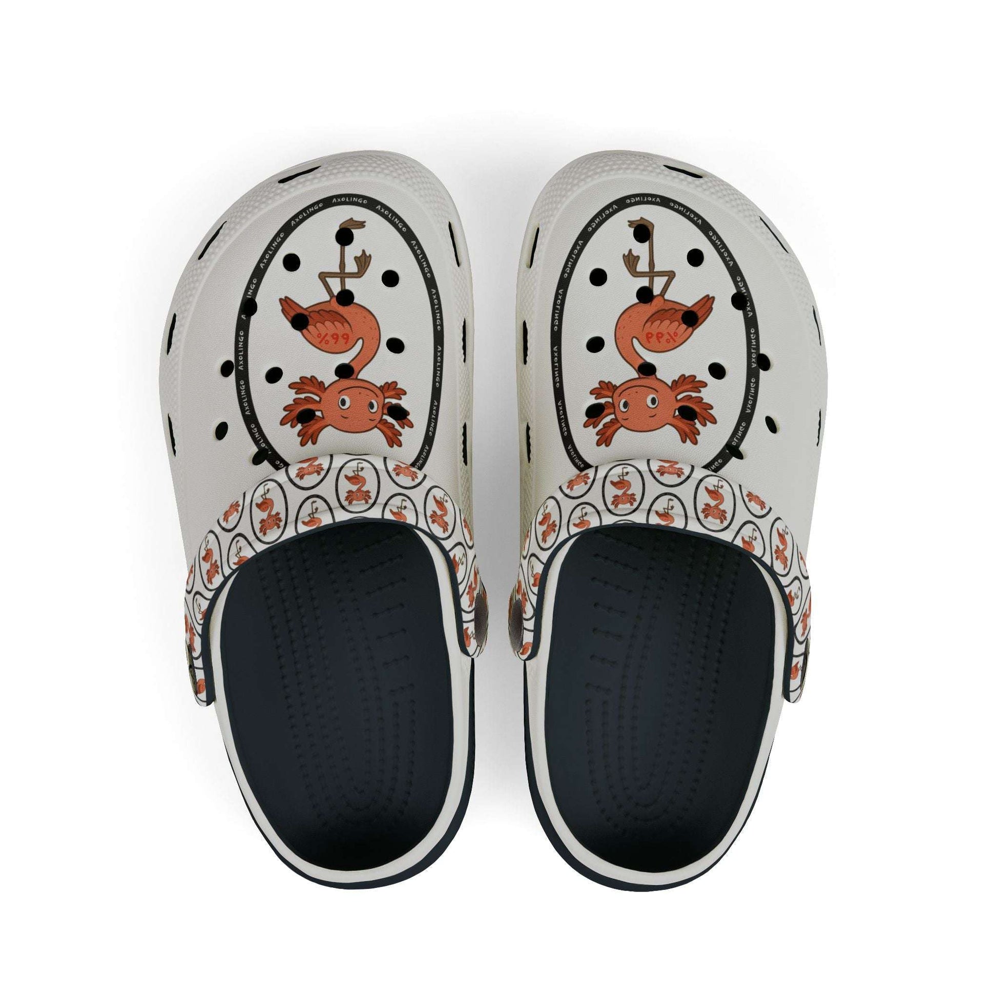 White rubber clogs worn with white-and-black striped socks, each shoe decorated with a round logo depicting a happy orange axolingo and the word ‘AXOLINGO’ repeated around the edge