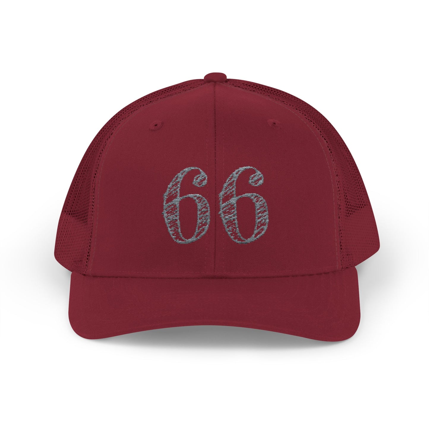 Mesh-back trucker hat with distressed ‘66’ printed on the front panel