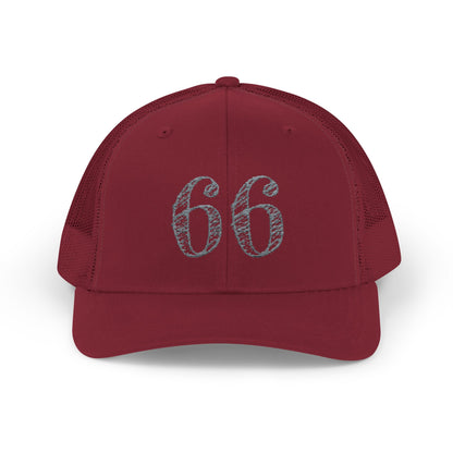 Mesh-back trucker hat with distressed ‘66’ printed on the front panel
