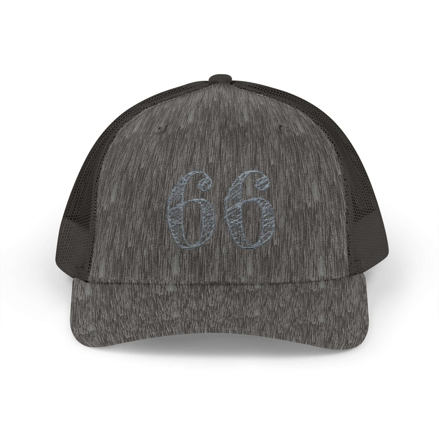 Mesh-back trucker hat with distressed ‘66’ printed on the front panel