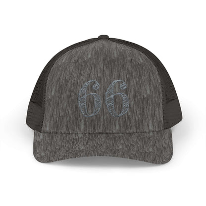 Mesh-back trucker hat with distressed ‘66’ printed on the front panel