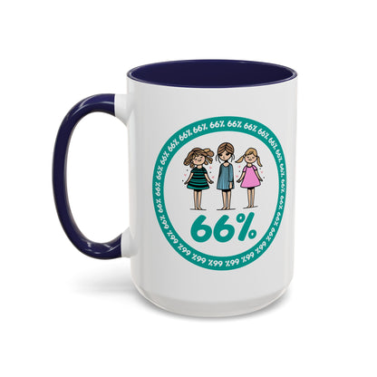 White 66% coffee mug with black handle, featuring three cute daughter illustrations in teal and pink—perfect gift for parents of three kids