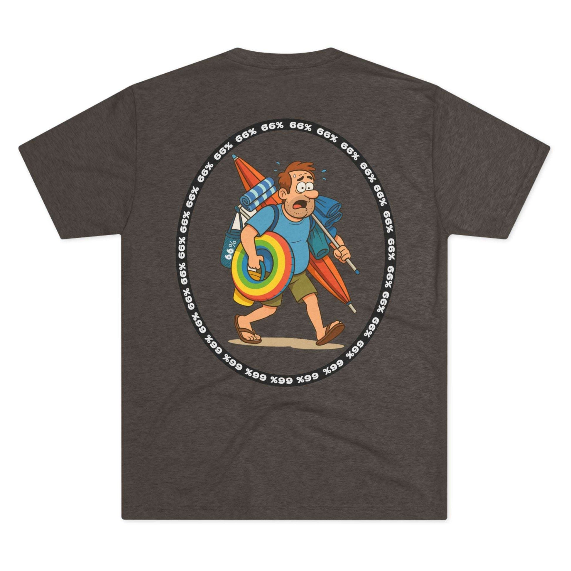 Tri-blend tee featuring large central circular graphic of overwhelmed ‘Beach Dad’ loaded down with chairs, umbrella, floatie and towels, with ‘66% beach dad’ ring