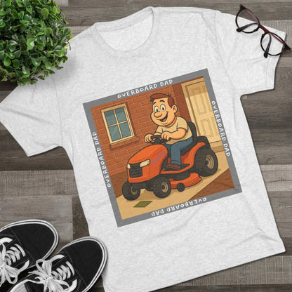 Overboard Dad Mower 66% Tri-Blend Tee — graphic tee, flat-lay with cartoon dad on ride-on mower, gray ‘OVERBOARD DAD’ square border, 66% decal, casual vintage style.
