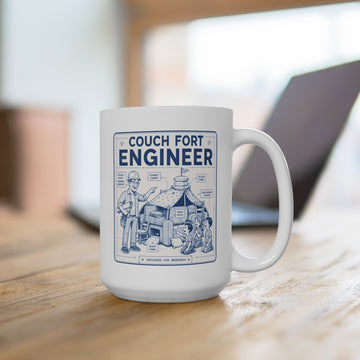 15 oz ceramic coffee mug featuring the Overboard Dad couch fort design | 66 Percent