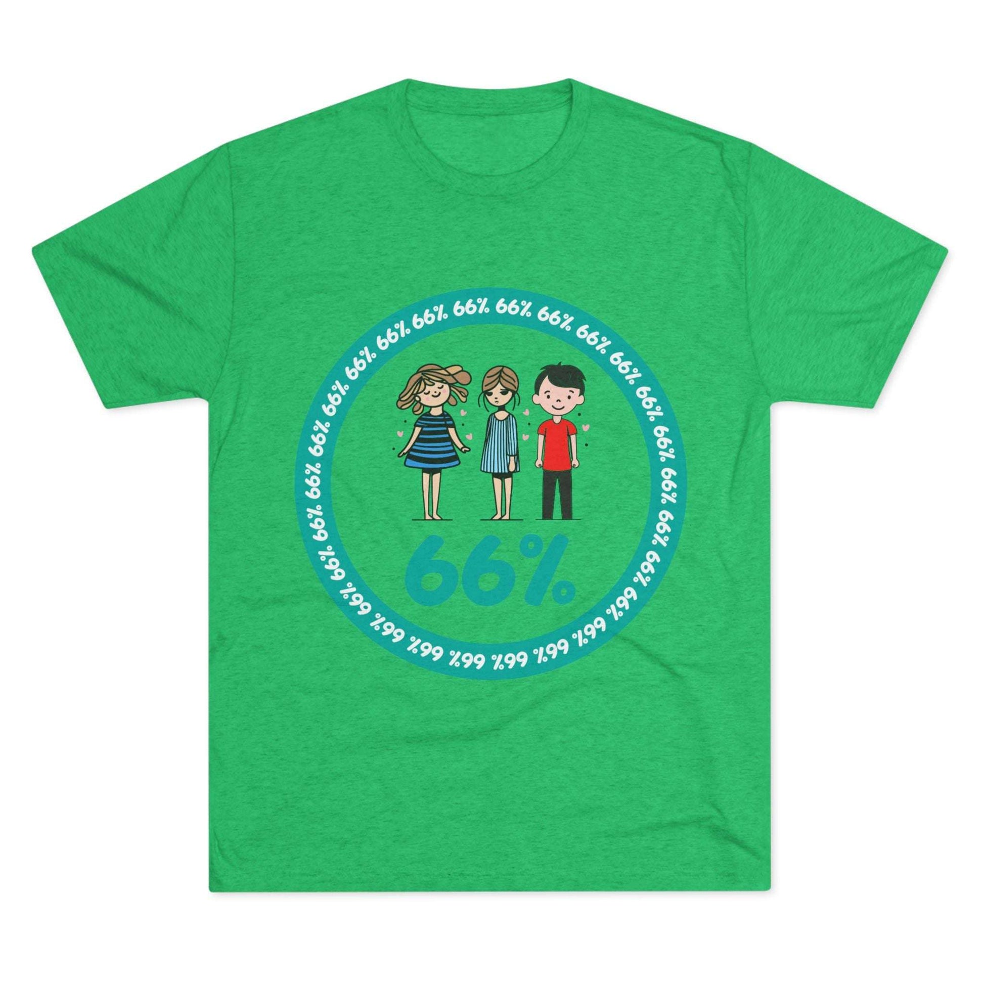 Flat-lay of tri-blend tee with two cartoon girls and one boy inside a teal 66% circle and repeating 66% border