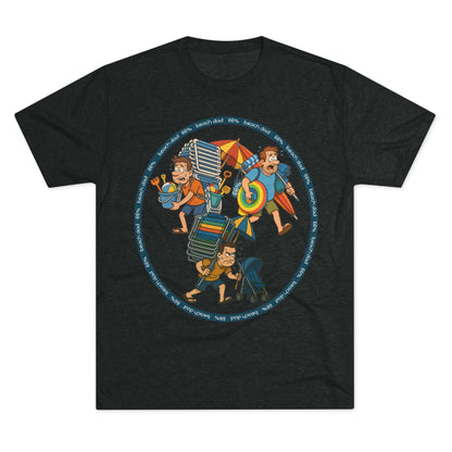 Cartoon dad overloaded with beach gear in three chaotic poses, “Beach Dad 66%” design on bright blue tri-blend tee – funny parenting shirt by 66 Percent