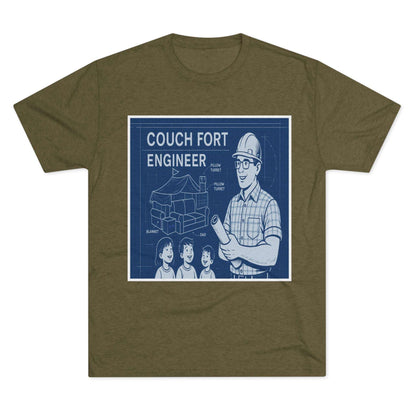 Couch Fort Engineer T-Shirt —Blueprint-style schematic of a couch fort with labeled pillows and blanket, plus a hard-hat dad holding plans.