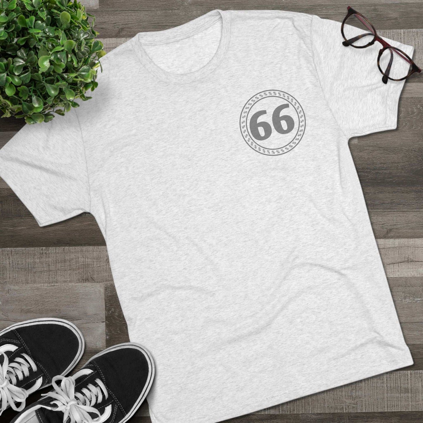 Retro 66% Tri-Blend Tee — flat-lay graphic t-shirt with circular 66 logo, heather blend, casual unisex style