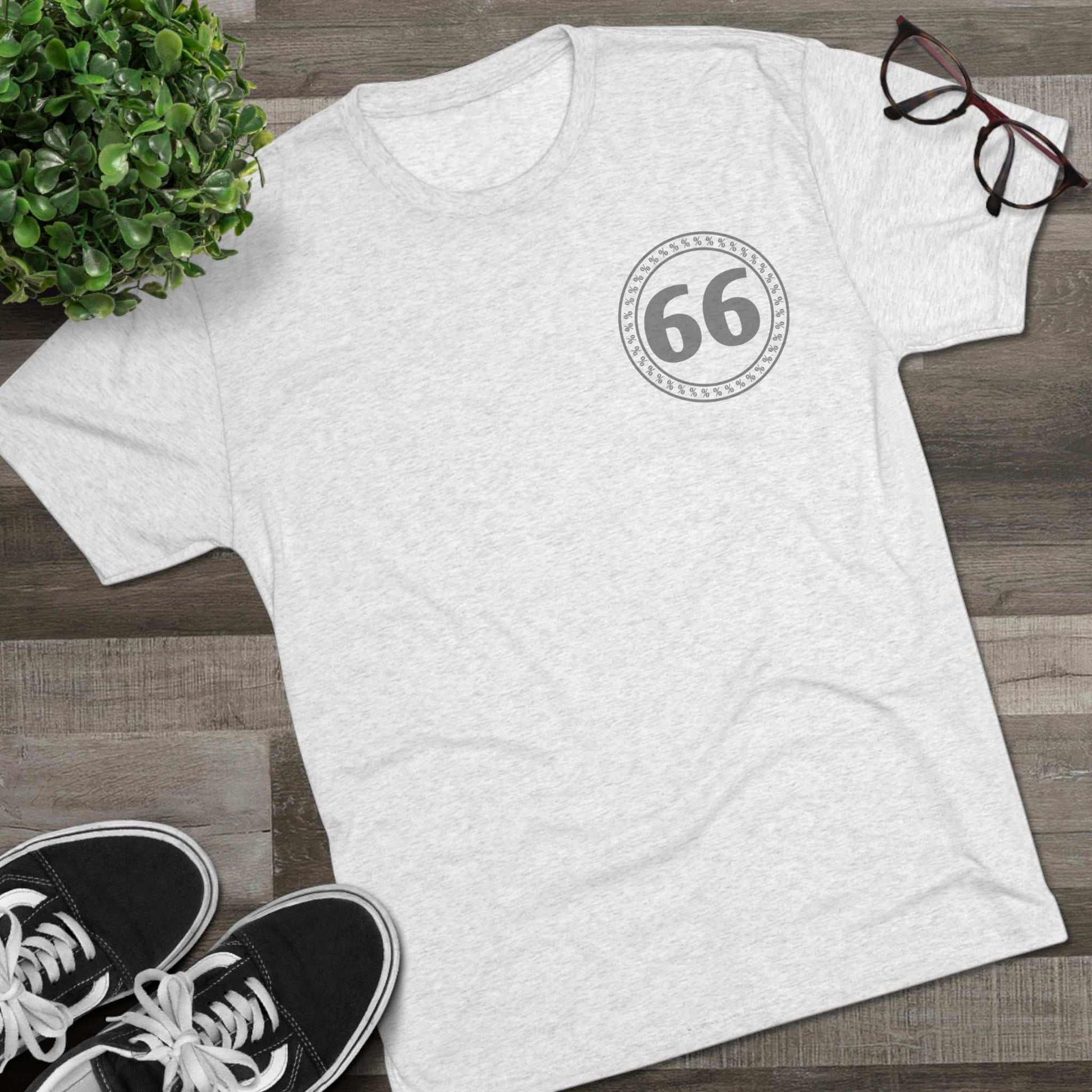 Retro 66% Tri-Blend Tee — flat-lay graphic t-shirt with circular 66 logo, heather blend, casual unisex style