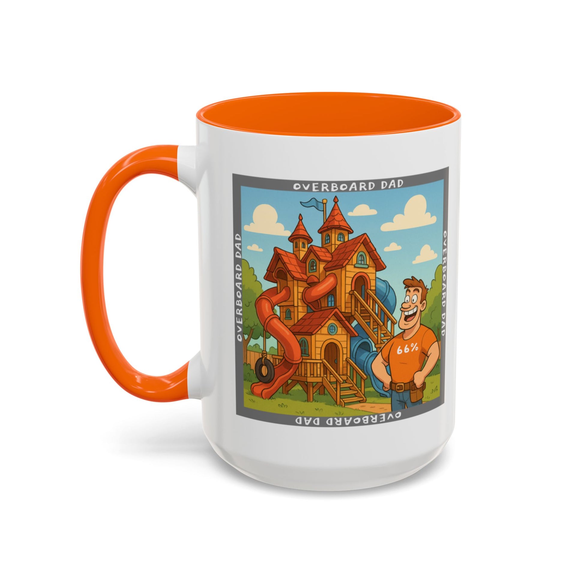White ceramic mug printed with a cartoon dad wearing a ‘66%’ shirt standing beside a multi-level wooden playhouse with twisting slides, framed by the text ‘OVERBOARD DAD’.