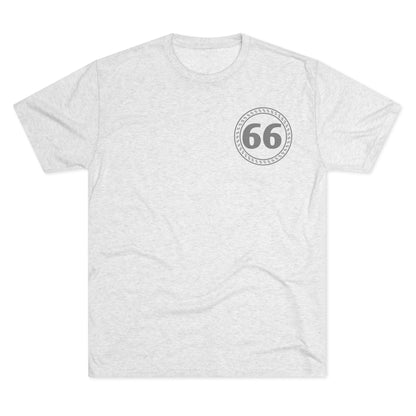 Retro 66% Tri-Blend Tee — flat-lay graphic t-shirt with circular 66 logo, heather blend, casual unisex style