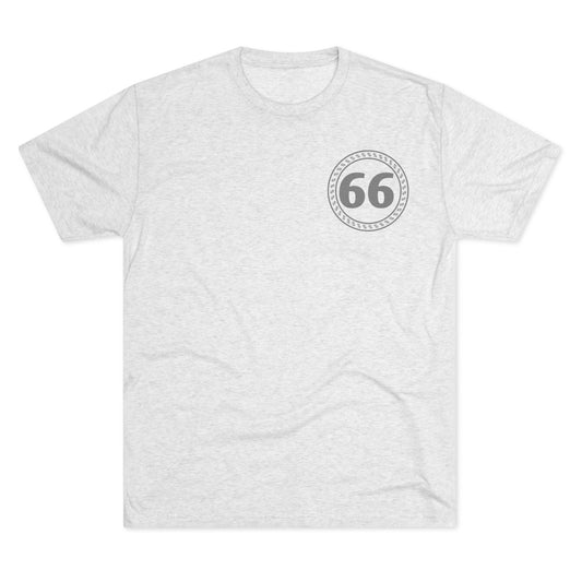 Retro 66% Tri-Blend Tee — flat-lay graphic t-shirt with circular 66 logo, heather blend, casual unisex style