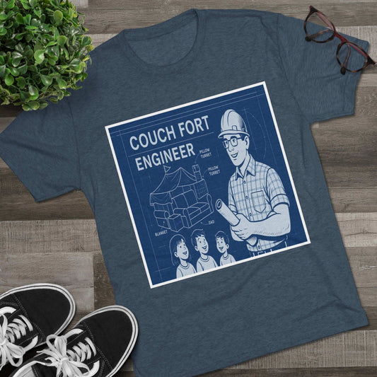 Couch Fort Engineer T-Shirt —Blueprint-style schematic of a couch fort with labeled pillows and blanket, plus a hard-hat dad holding plans.