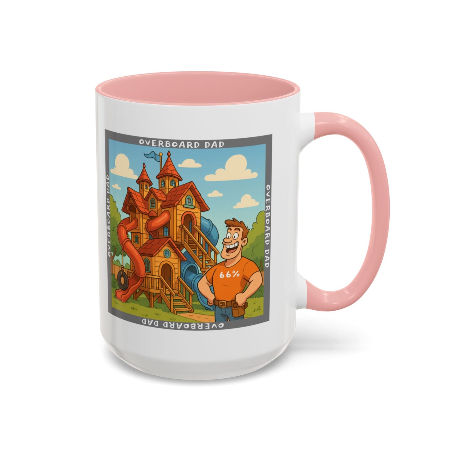 White ceramic mug printed with a cartoon dad wearing a ‘66%’ shirt standing beside a multi-level wooden playhouse with twisting slides, framed by the text ‘OVERBOARD DAD’.
