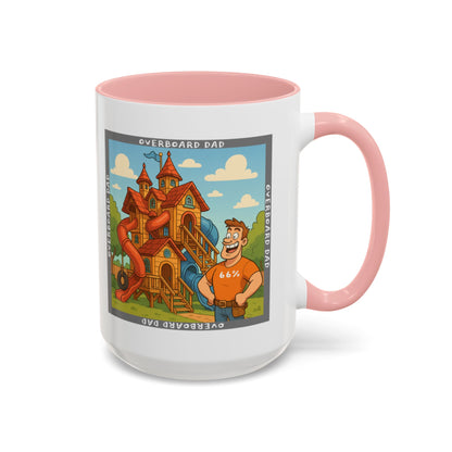 White ceramic mug printed with a cartoon dad wearing a ‘66%’ shirt standing beside a multi-level wooden playhouse with twisting slides, framed by the text ‘OVERBOARD DAD’.