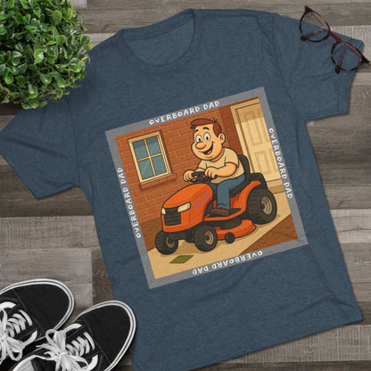 Overboard Dad Mower 66% Tri-Blend Tee — graphic tee, flat-lay with cartoon dad on ride-on mower, gray ‘OVERBOARD DAD’ square border, 66% decal, casual vintage style.