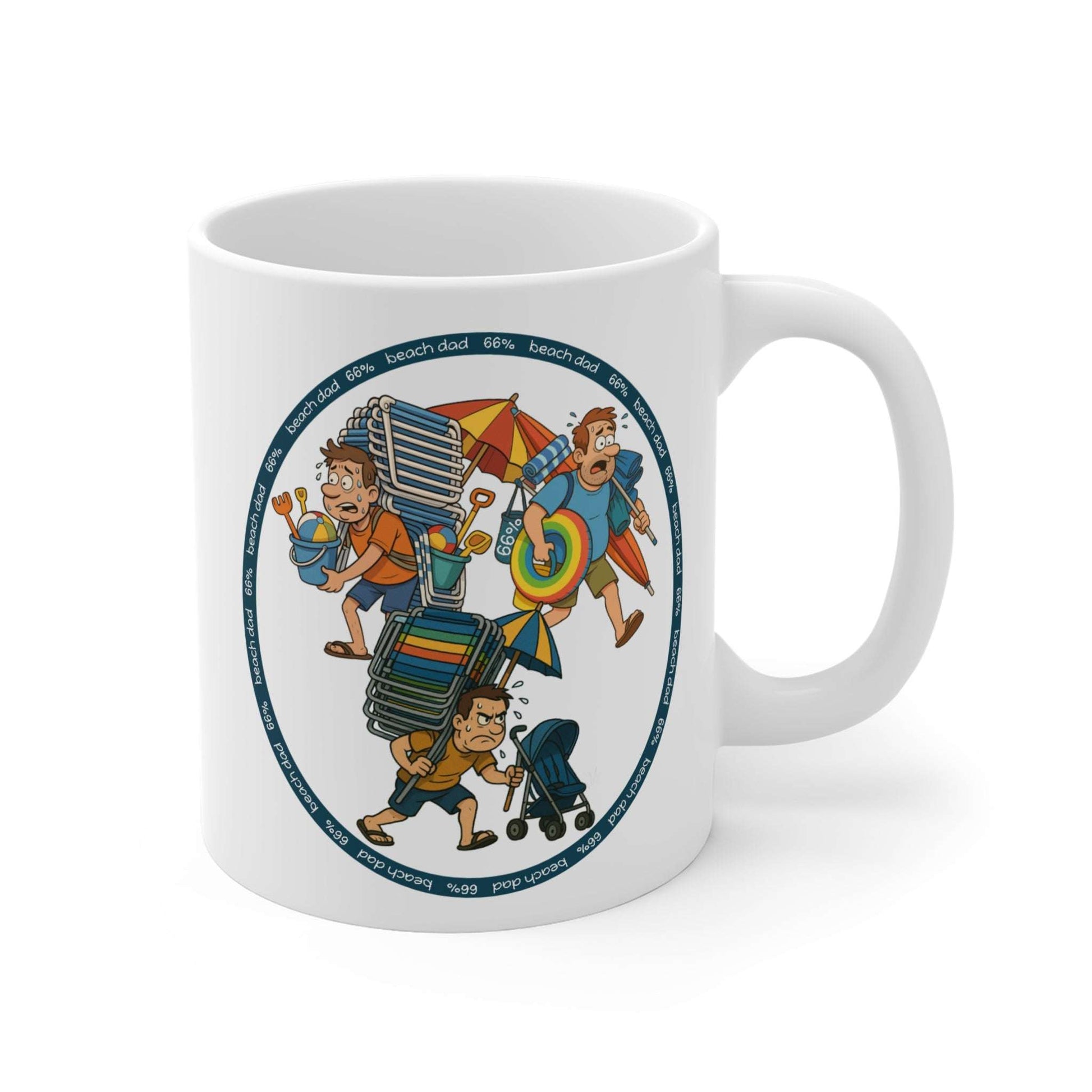 White 66% Beach Dad mug showcasing three overburdened cartoon dads hauling beach chairs, umbrellas, buckets and rings—a fun gift for fathers.