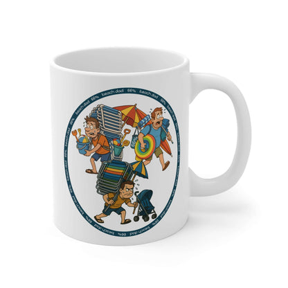 White 66% Beach Dad mug showcasing three overburdened cartoon dads hauling beach chairs, umbrellas, buckets and rings—a fun gift for fathers.