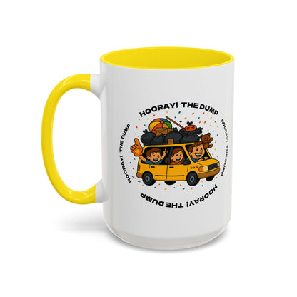 Cartoon yellow “66%” minivan mug decal with roof piled high in trash bags, lawnmower and beach ball, plus a smiling dad and two waving daughters amid confetti.