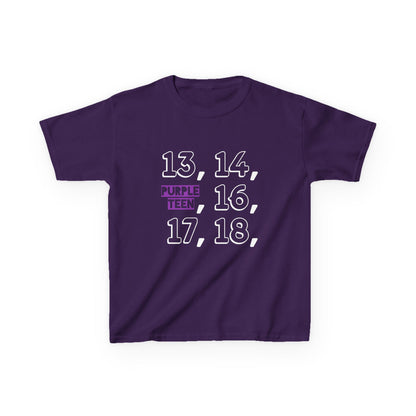 Purple t-shirt with white text on a white background