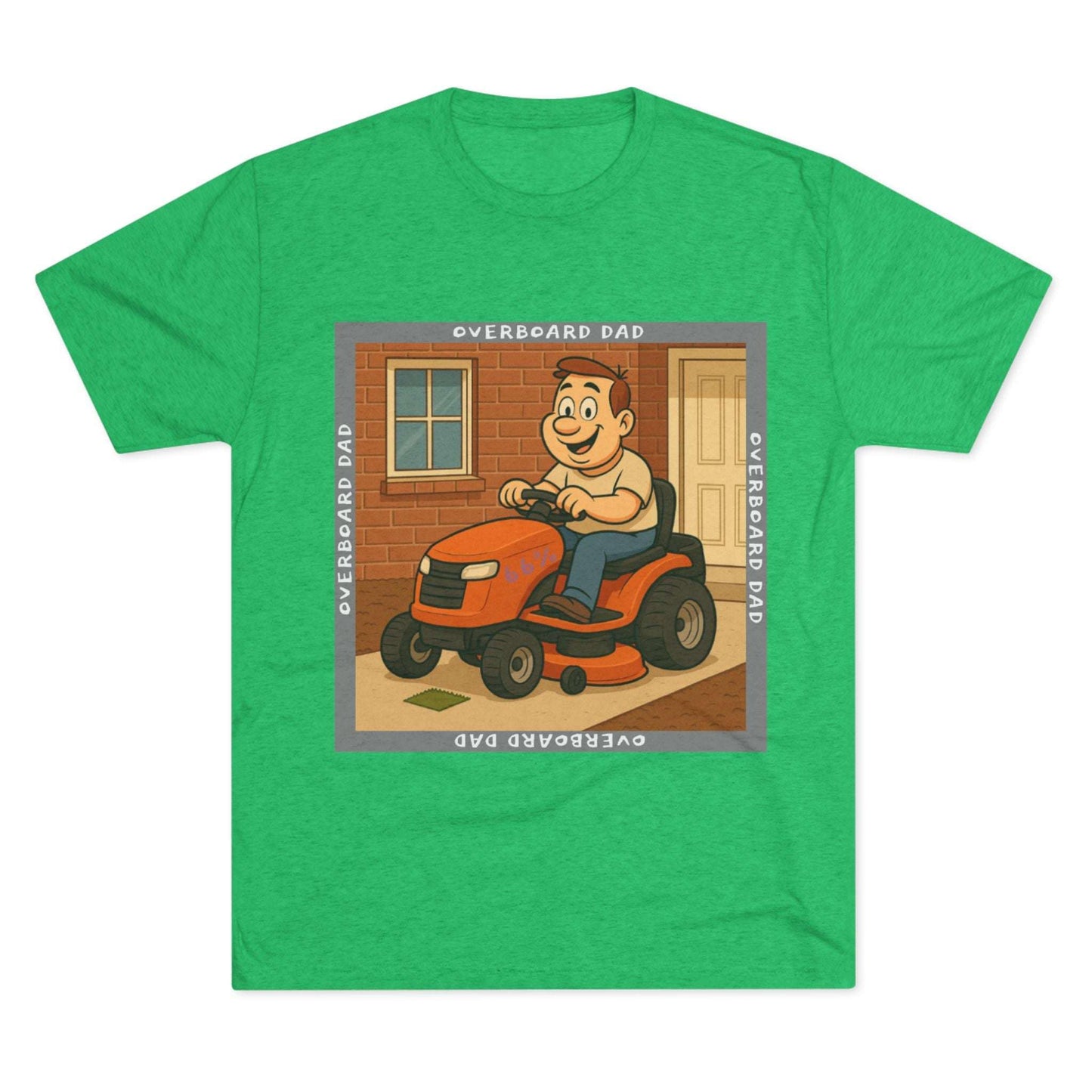 Overboard Dad Mower 66% Tri-Blend Tee — graphic tee, flat-lay with cartoon dad on ride-on mower, gray ‘OVERBOARD DAD’ square border, 66% decal, casual vintage style.