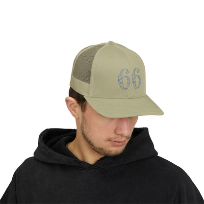Mesh-back trucker hat with distressed ‘66’ printed on the front panel