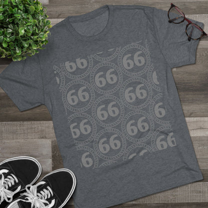 Retro 66% Pattern Tee— tri-blend graphic t-shirt flat-lay, repeating 66 circle pattern, casual vintage style.
