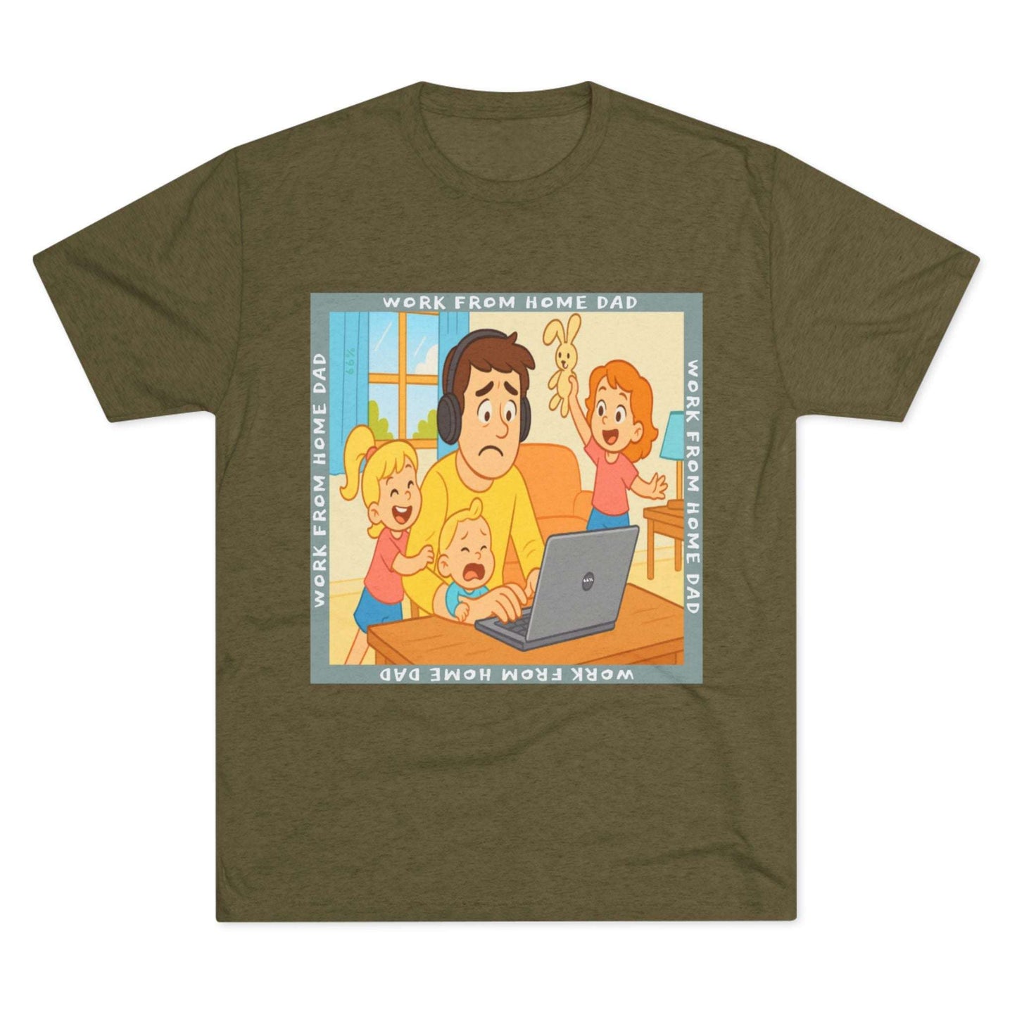 Work From Home Dad 66% Tri-Blend Tee — graphic tee flat-lay, cartoon dad with headphones typing on 66% laptop, three kids demanding attention, green WORK FROM HOME DAD square border, casual unisex style.