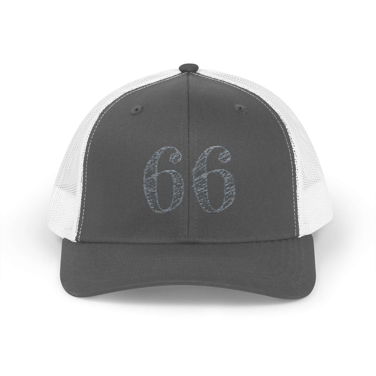 Mesh-back trucker hat with distressed ‘66’ printed on the front panel