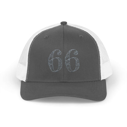 Mesh-back trucker hat with distressed ‘66’ printed on the front panel