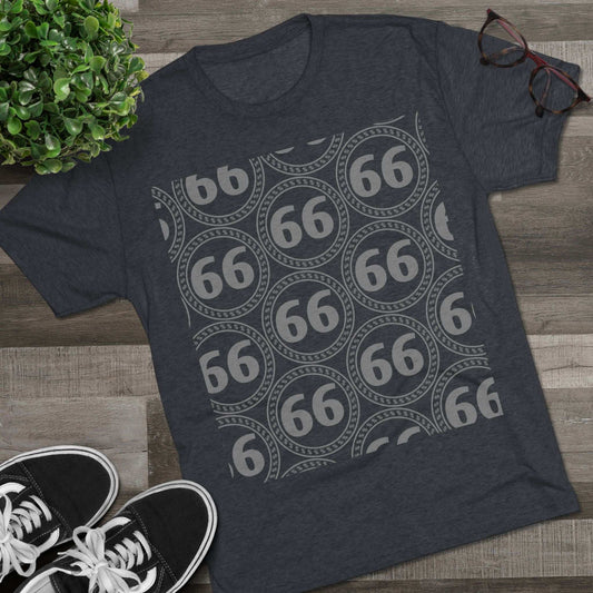 Retro 66% Pattern Tee— tri-blend graphic t-shirt flat-lay, repeating 66 circle pattern, casual vintage style.