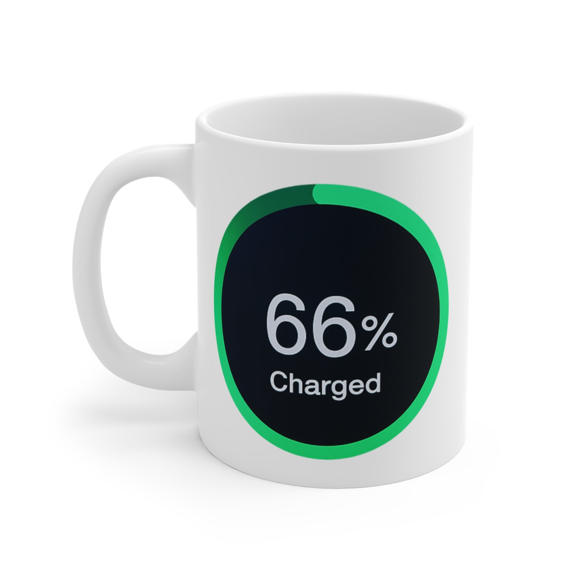 Mug displaying a green-ringed power meter icon reading 66% charged on a black background.