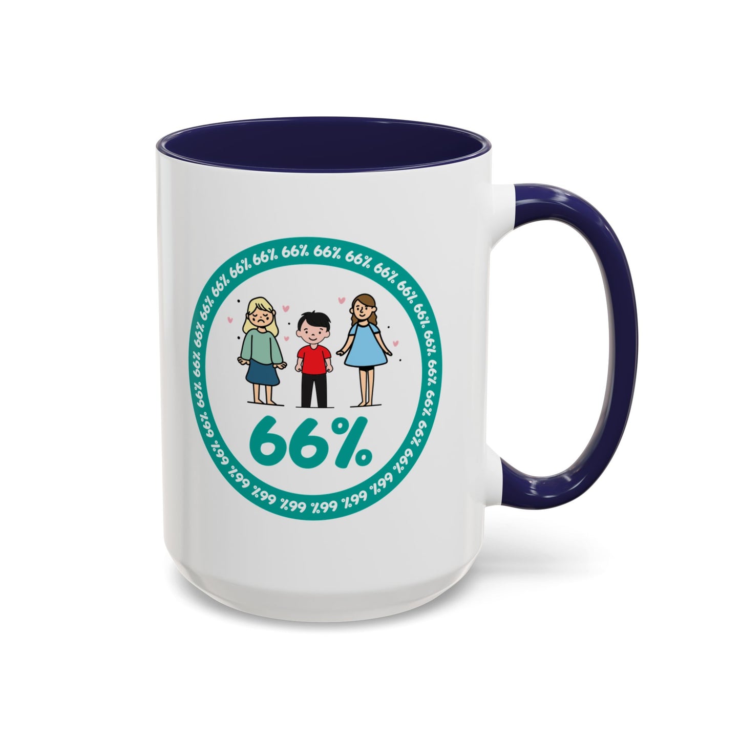 White mug with blue handle showing a graphic: a teal circle of repeating ‘66%’ text, three cartoon kids inside the circle, and a prominent ‘66%’ at the bottom.