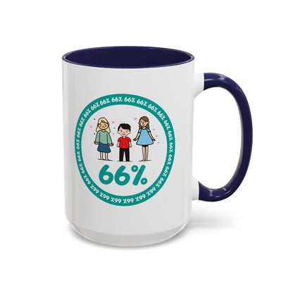 White mug with blue handle showing a graphic: a teal circle of repeating ‘66%’ text, three cartoon kids inside the circle, and a prominent ‘66%’ at the bottom.